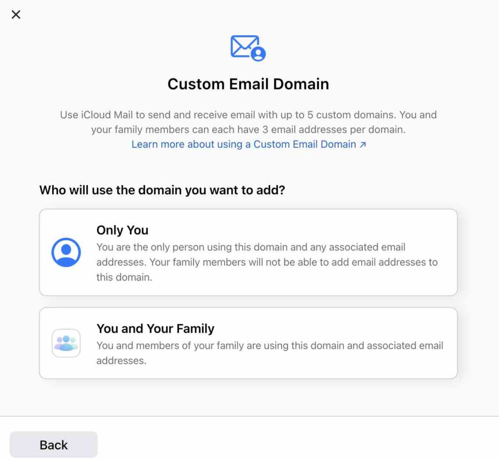 sharing with family member custom email domain apple